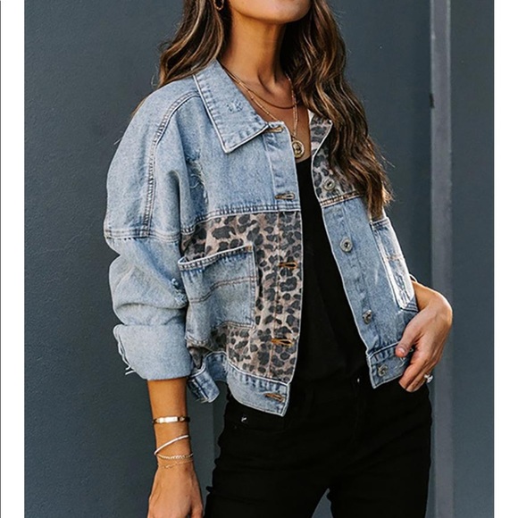 RESTOCKED ~ CONTRAST LEOPARD PRINT DENIM JACKET - Picture 4 of 10